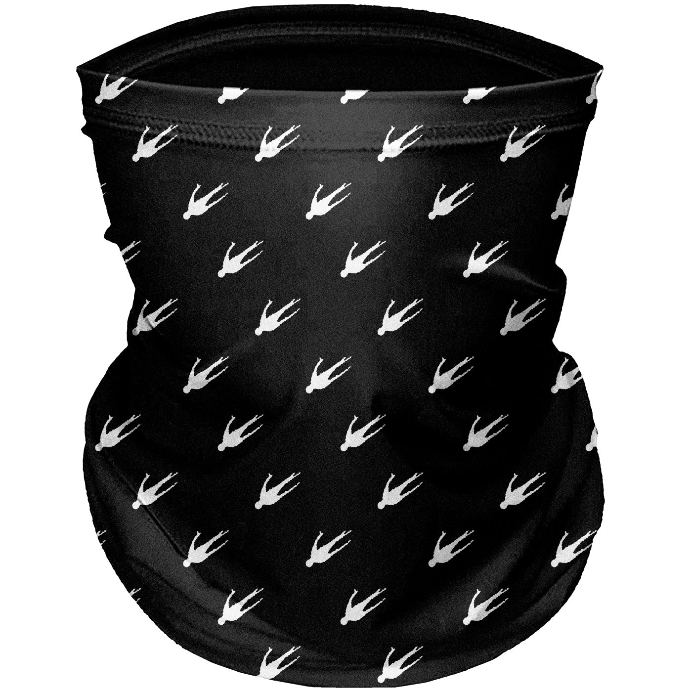 Buff on the face is black and white color. Bandana, scarf, buff